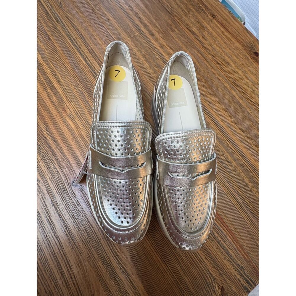 Dolce Vita Champagne Metallic Perforated Platform Loafers - Picture 4 of 13